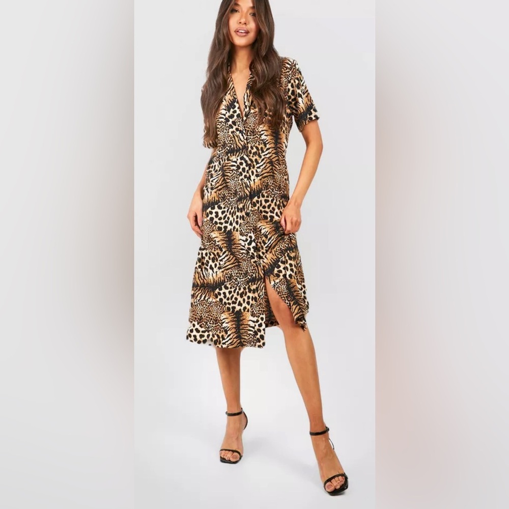 Boohoo midi Dress Size 10 Shirt Style Tiger and leopard mix Print NWT